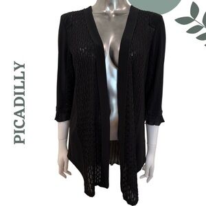 Picadilly Black Open Front Cardigan Multi Fabric Mixed Media Size Small